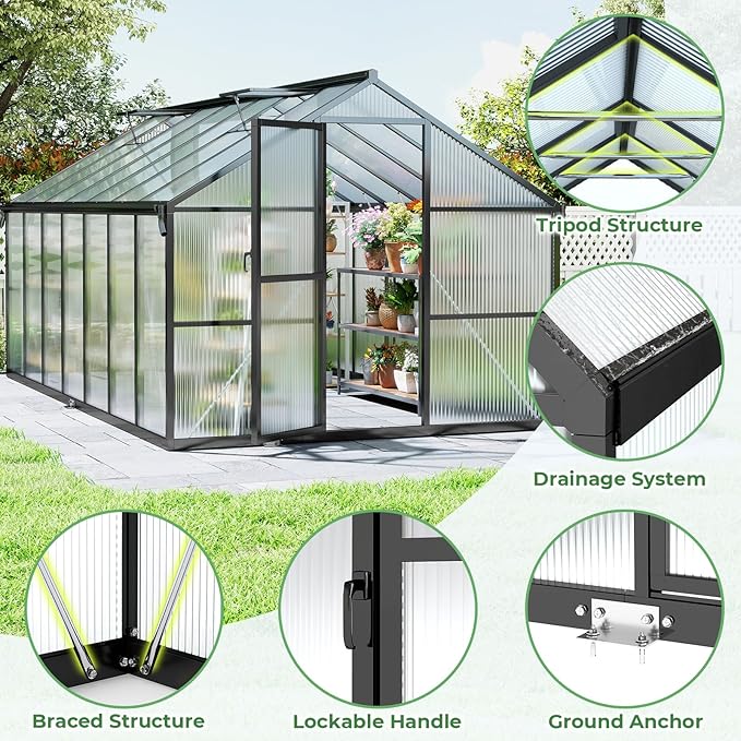 8x14FT Greenhouse for Outdoors, Galvanized Steel Frame Winter Green House w/ Adjustable Roof Vent, Lockable Door Handle &DrainageSystem, Walk-in Greenhouses for Outside Garden Backyard