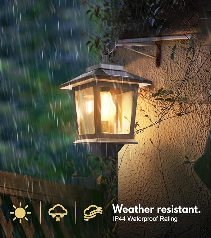 PASAMIC 2 Pack Solar Wall Lanterns with Replaceable Bulb, Outdoor Hanging Solar Lights with 4 Solar Panels, Dusk to Dawn Led Outdoor Wall Sconce, Anti-Rust Waterproof Wall Lanterns with Hooks