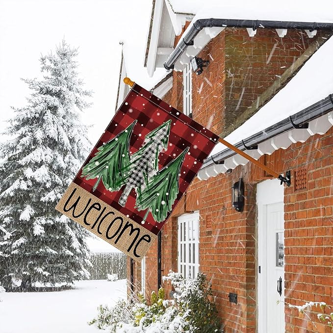 Welcome Red Buffalo Plaid Christmas Trees Garden Flag 28 x 40 Inch Vertical Double Sided Buffalo Plaid Red Holiday Yard Outside Xmas Decor House Flag