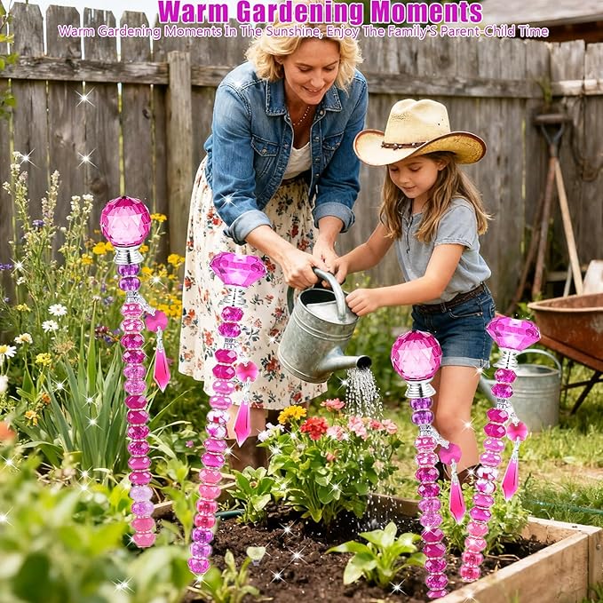 121 Pcs DIY Fairy Wand Beaded Garden Stakes Kit, Fairy Wands Garden Kit Rose Red Large Hole Bead with Pendants Crystal Stopper Top Threaded Rod Beaded Garden Stakes Supplies for Outdoor Decorative