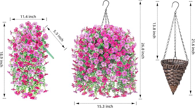 HyeFlora Artificial Hanging Flowers Basket for Outdoor, Fake Flowers Faux Plants Look Real for Yard Gardens Porch Patio Home (Purple+Hotpink)