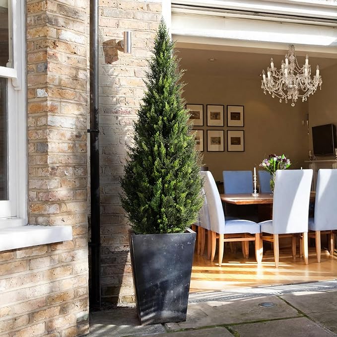 ZEEOZE 5FT Artificial Cedar Topiary Trees (2 Pack) - UV Resistant Faux Evergreen Shrubs Extra Dense Foliage Realistic Fake Pine Cypress Plants Easy Assembly for Front Porch Garden Indoor Office Decor