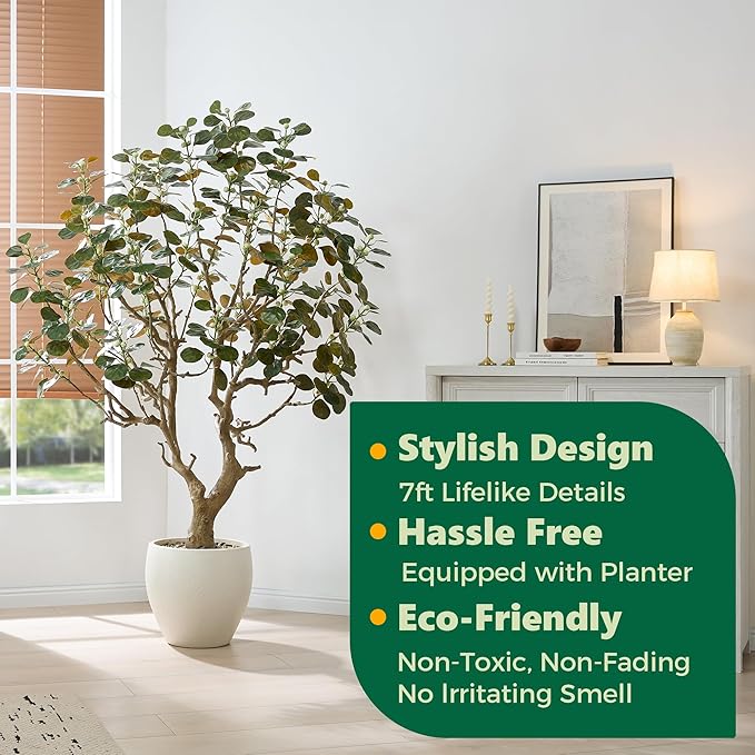 7 FT Large Luxury Artificial Bodhi Tree with Pot, Tall Faux Tree, Extra Lush Stereoscopic Shape, 5 Minutes Easy Set-up, Realistic Potted Silk Indoor Plants with Lifelike Branches & Leaves & Fruits