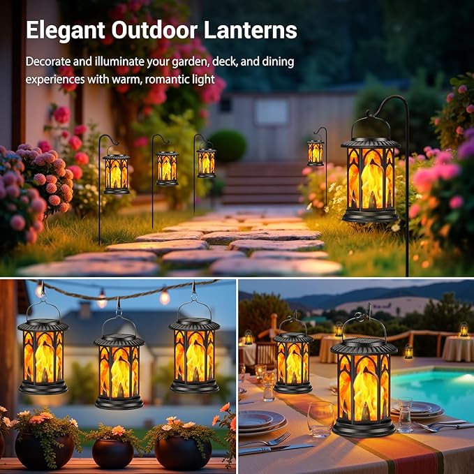KOOPER Taller Solar Lanterns Outdoor Waterproof Hanging Solar Lantern Lights, 2Pack Upgraded Flickering Flame Lanterns Decorative Outdoor, Battery & Solar Powered lantern for Garden Yard Decor (Black)