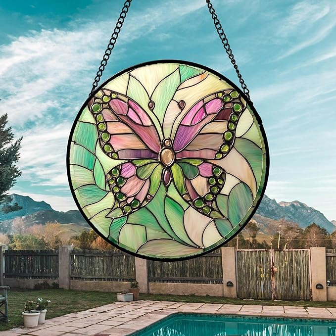 DASTOLL Stained Glass Window Hanging 4 Pcs Set Pink Green Insect Theme 6.3" - Butterfly Suncatcher Door Garden Sun Catcher Decor Birthday Christmas for Mom Woman Nana Men