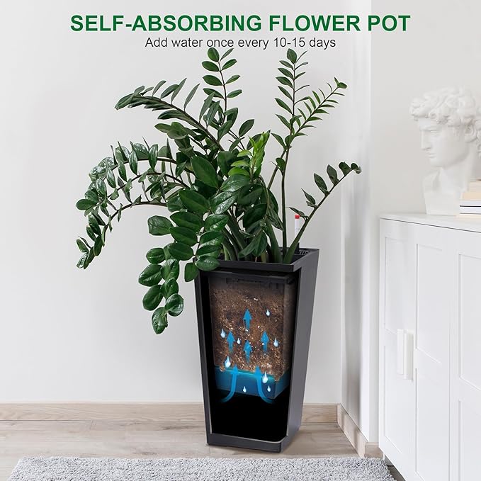 Set of 2 Tall Planters for Outdoor Plants, 22.5" Large Planter Pots with Drainage Holes & Water Level Monitor, Self-Watering Flower Pots for Patio, Porch, Garden, Front Door Decor, Indoor Outdoor