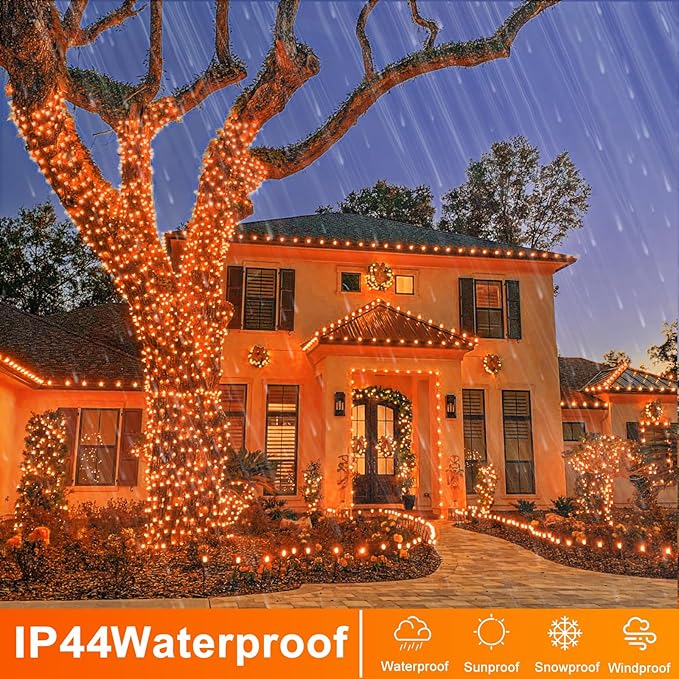800 LED Christmas Lights Outdoor 262 FT String Lights Indoor Outdoor Clear Wire with 8 Modes Plug in Waterproof Orange String Light for Christmas Tree Party Thanksgiving Decorations