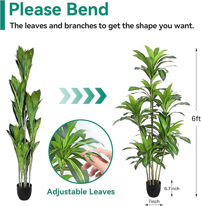 Waoops Artificial Plants 6Ft Dracaena Fragrans Faux Trees with 8 Heads Fake Tree for Home Decor Indoor or Outdoor Office Decoration Housewarming Gift