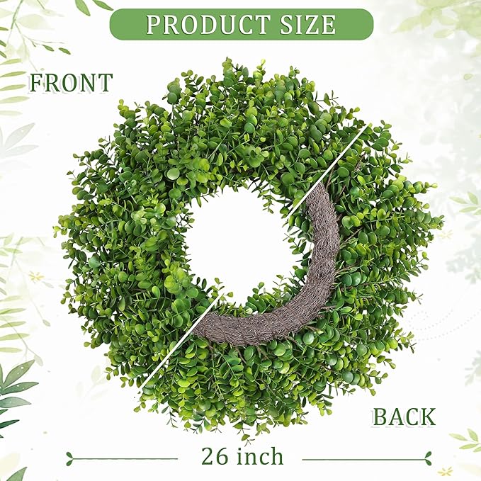 26 Inch Large Greenery Eucalyptus Boxwood Wreaths Artificial Easter Summer Spring Wreaths for Front Door Outdoor All Season Spring Decorations for Home Porch Room Window Wall Farmhouse Decor(Green)