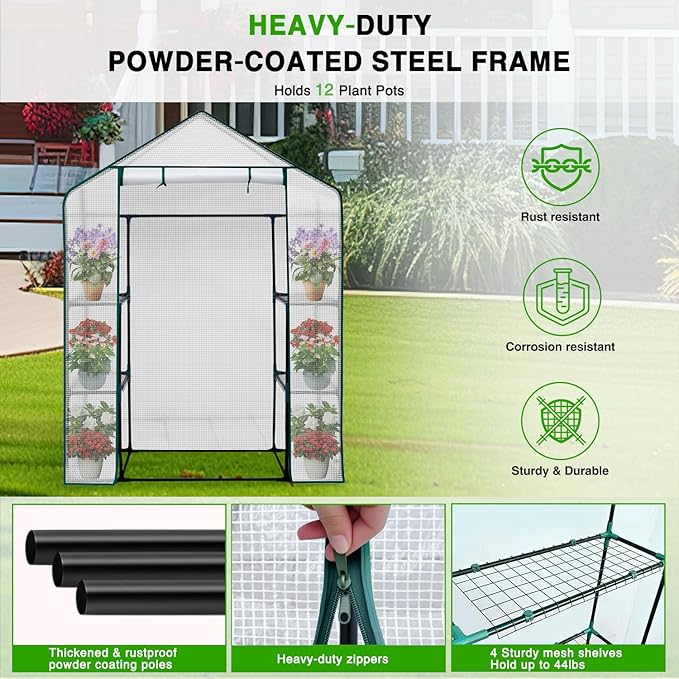 Yesker Greenhouse 57"x29"x77" Walk in Green House - Large Outdoor/Indoor Greenhouses with 4 Shelves Waterproof PE Cover & Windows, Portable Greenhouse Kit for Winter Backyard Gardening Patio, White