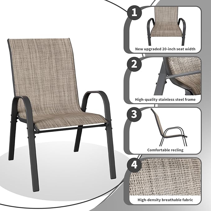Patio Dining Chairs Set of 4, Outdoor High Stacking Chairs for All Weather, Breathable Seat Fabric and Alloy Steel Frame for Backyard, Porch, Garden (Brown)