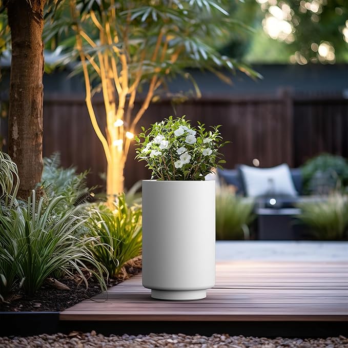 Kante 20.1 Inch Tall Concrete Planter, Round Pedestal Design Garden Pot for Indoor Outdoor Plants, Modern Garden Pot with Drainage Hole, White Finish with Painted Interior