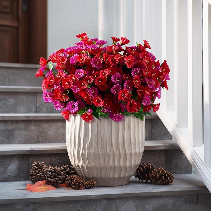 Artificial Morning Glory Flowers Plants for Outdoor 8 Pcs Faux Silk Petunias Flower Realistic Faux Flowers Plants for Outside Planter Porch Yard Patio Balcony Home Indoor Decor (8 Pcs Red+Purple)