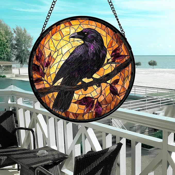 DASTOLL Stained Glass Window Hanging - Crow on a Branch Suncatcher Ready to Hang Window Doors Home Decoration and Christmas, Mother's Day Birthday Gifts for Women, Men, and Mom 14.9x14.9 in