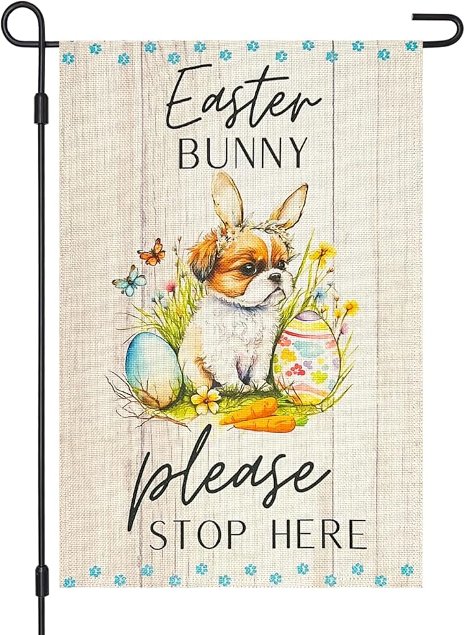 Easter Dog Garden Flag Bunny Please Stop Here Double Sided 12×18 Inch,Puppy With Rabbit Ear Eggs Vertical Small Burlap Spring Holiday Yard Lawn Front Porch Outdoor Decorations