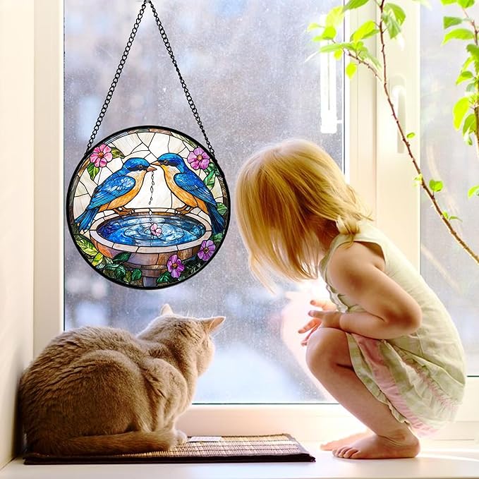 Stained Glass Window Hanging, 2 Blue Birds Suncatcher Diamond Glass Panel Hangings Bird Lover Sun Catchers Decor for Birthday for Women, Men, Wife, Aunt, and Mom 6.3 in