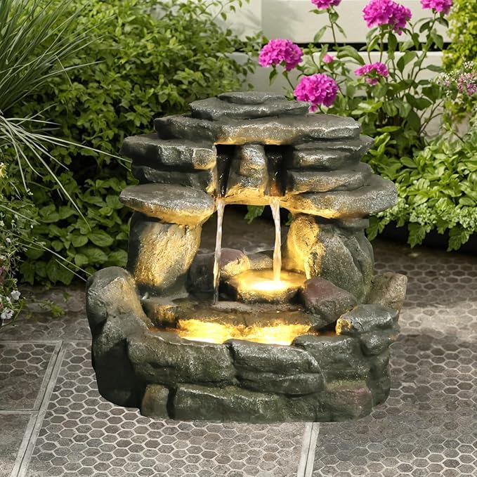 15.6" H Small Garden Outdoor Rock Water Fountain with LED Lights, 3-Tier Cascading Waterfall Fountain for Patio, Porch, Backyard & Indoor Home Decor