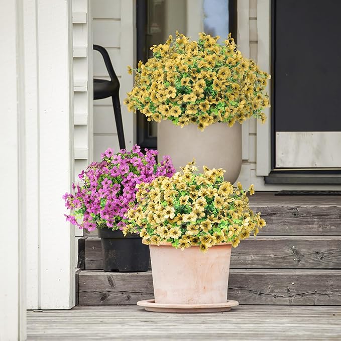 ATTGREAT Artificial Flowers Outdoor Faux Plants UV Resistant Fake Patio Flowers Plastic Greenery Plnats Outside Bulk for Spring Garden Hanging Planter Home Vase Decor, 12 Bundles (Yellow)