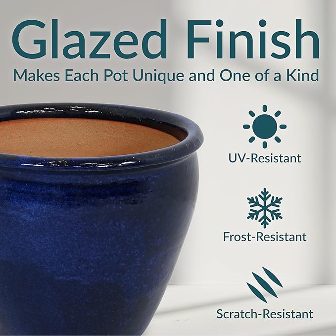 Sunnydaze Large Ceramic Plant Pot - Round Outdoor Glazed Ceramic Planter Pot with Drainage - Chalet - Imperial Blue - 14.5"