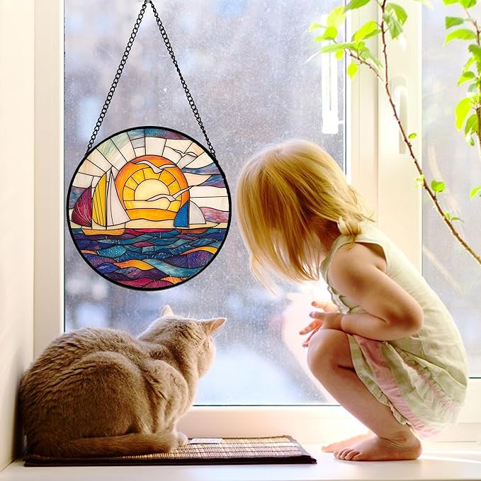 DASTOLL Stained Glass Window Hanging, Sailboat and Waves Suncatcher Diamond Glass Panel Hangings Sun Catchers Decor for Birthday for Women, Men, Wife, Aunt, and Mom 11.8x11.8 in