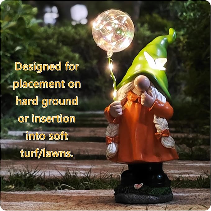 Solar Garden Female Gnome Statue, Detachable Outdoor Garden Decorative Stakes, Resin Statue with Light-Up Butterfly & Bubble Wand, Upgraded 8-10H Lighting, for Yard, Lawn, Flower Bed & Pathway, 10.63"