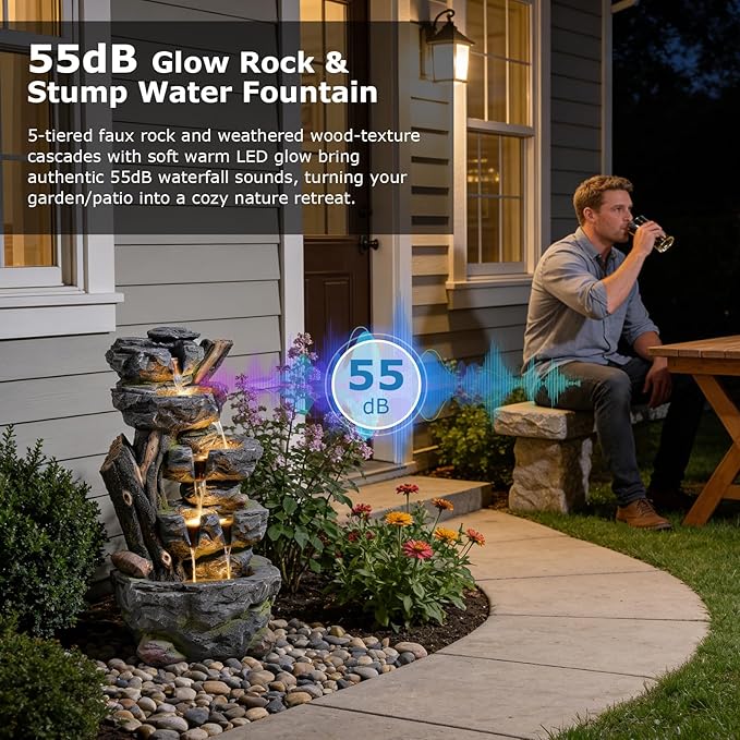 47.2" Tall Outdoor Water Fountain 5-Tier Large Cascading Waterfall Fountain Realistic Rock & Tree Trunk Design with LED Lights, Relaxing Water Flow for Garden, Patio, Backyard & Porch Decor