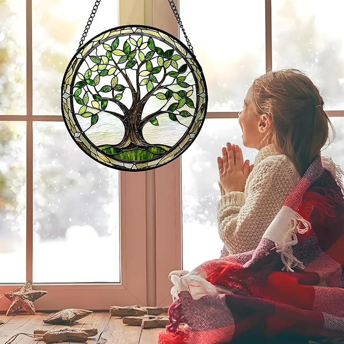 AMDERVEN Stained Glass Window Hanging - Brown Tree Trunk Green Leaves Sun Catcher for Door Garden Home Decor Plant Suncatcher Christmas Mother's Day Birthday Gifts for Women Men Mom Nana 7.8 in