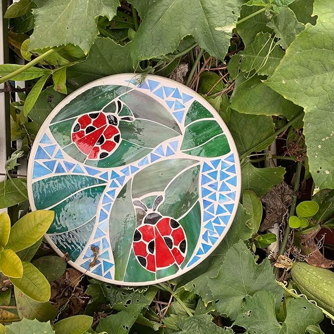 Bieye MSS001 Tiffany Style Stained Glass Mosaic Decorative Stepping Stone for Garden Decor (12" Round, Ladybug)
