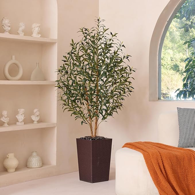 OAKRED Artificial Olive Tree 5FT Faux Olive Tree - Adjustable Branches UV Resistant with Brown Taper Planter and Pebbles - Faux Plants Indoor for Living Room, Office Decor and Bedroom
