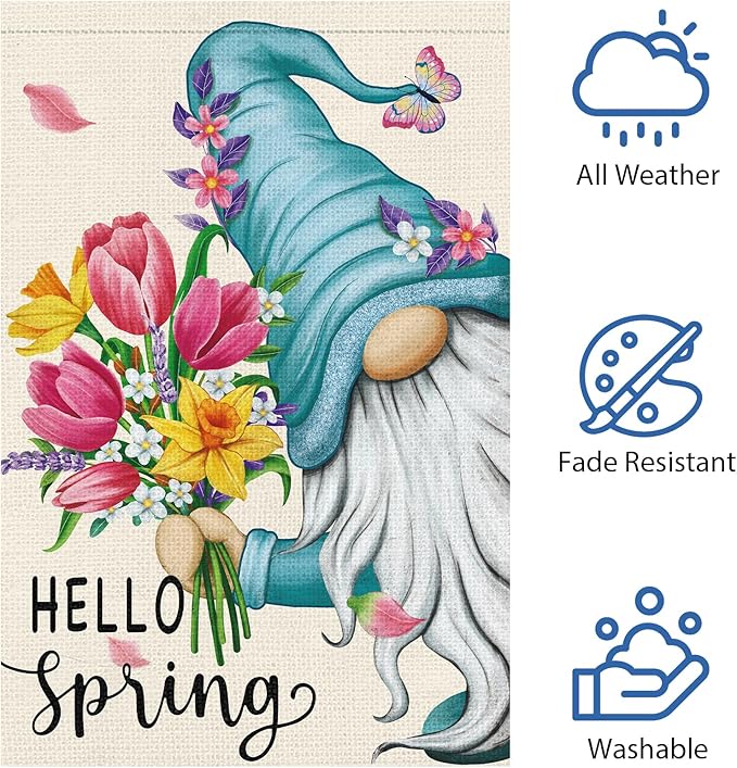 Hello Spring Gnome Garden Flag 28x40 Double Sided Burlap Butterfly Floral Yard Banner for Summer Rustic Seasonal Outside Outdoor House Decoration (ONLY FLAG)