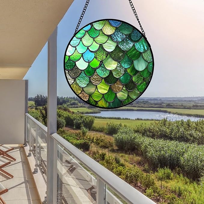 QZQCBLC Stained Glass Window Hanging Green Abstract Texture 6.3" - Marine Suncatcher Door Garden Sun Catcher Home Decor Birthday Christmas for Mom Men Woman Wife Friend