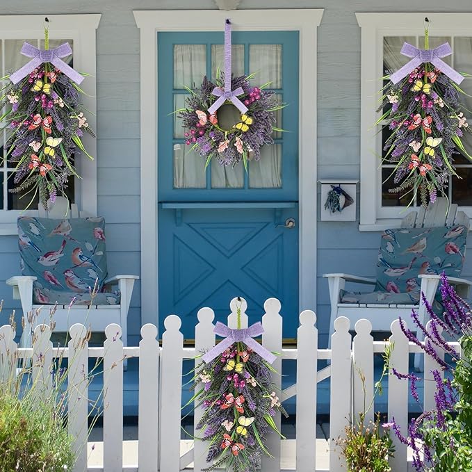 2 Pcs 24inch Artificial Lavender Teardrop Wreaths Swag Spring Summer Butterfly Lavender Purple Wreath Swag Hanging Decoration for Kitchen Cabinet Doors Windows Walls Party Home Decor