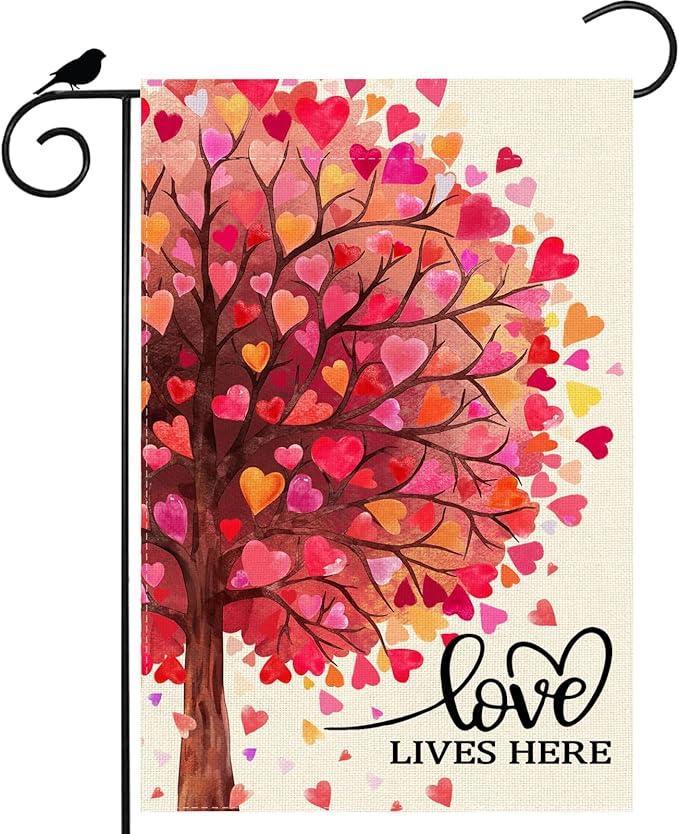 Love Lives Here Love Heart Shaped Tree Valentine’s Day Garden Flag Yard Flag 12x18 Inch Double Sided Small Mini Yard Outdoor Outside Holiday Decoration