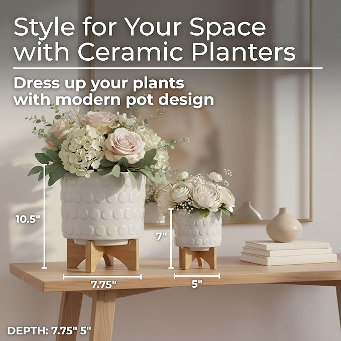 Set of 2 Ceramic Planters with Bamboo Plant Stand Indoor – Elevated Plant Stand Display, Living Room or Patio Planters – Textured Design for Modern Balance and Warmth, Home Decor – 7" & 10.5", White