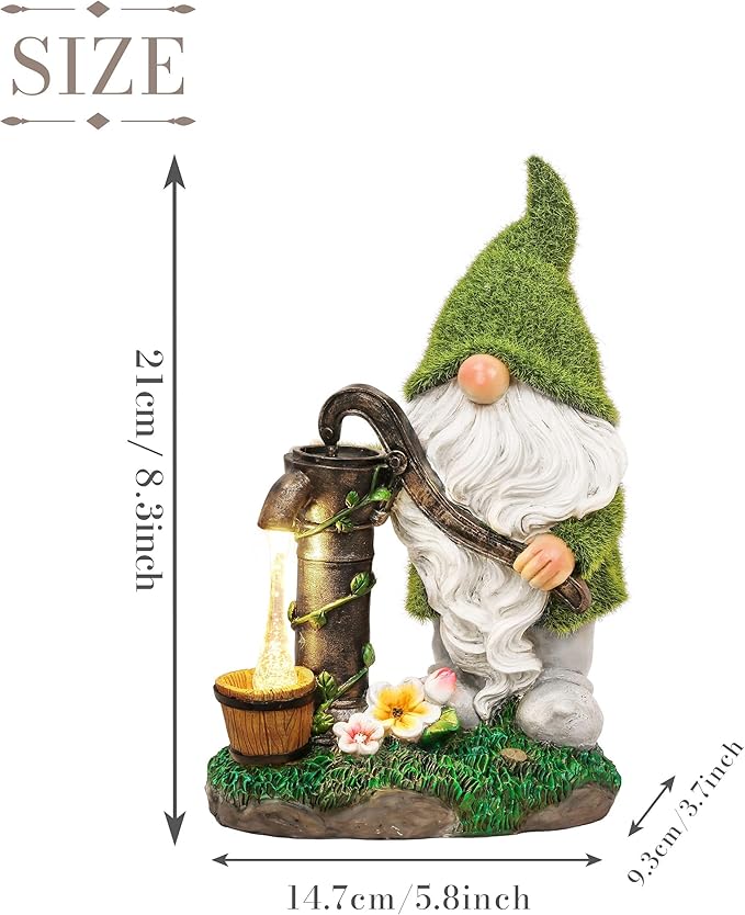 TERESA'S COLLECTIONS Garden Gnomes Decor with Solar Lights, Fathers Gifts, Green Outdoor Resin Decorations for Porch Patio, Gnome Ornaments for Dad and Mom，9"