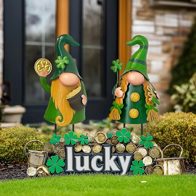 HONGLAND 18 Inch St Patricks Day Decorations Outdoor Gnome Décor, 2Pc Metal Gnomes Figurine with Green Shamrock, Irish Leprechaun St Patrick's Day Decor for Home Outside Garden Lawn Party Yard Patio