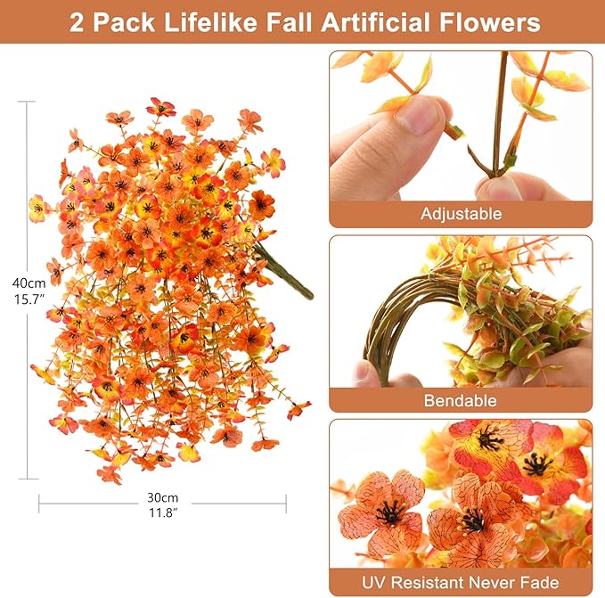 ZFProcess Artificial Fall Flowers for Outdoors, 2PCS Silk Fake Flowers Realistic Daisy Mums UV Resistant Porch Patio Window Yard Decor (Sunset Red)