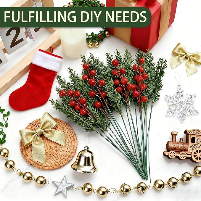 50 Pcs Christmas Artificial Pine Branches with Red Berry Stems - 10.5" Faux Greenery Norfolk Pine Fake Cedar Pine Needles Picks for Wreaths Craft DIY Garlands Home Decor