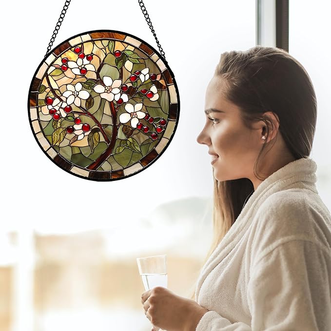CRIS GIF Stained Glass Window Hanging - Hawthorn Tree Birth Flowers Suncatcher for Doors Garden Patio Sun Catchers Decor Christmas Mother's Day Birthday Gifts for Women Men Mom Nana Friend 9.8 in
