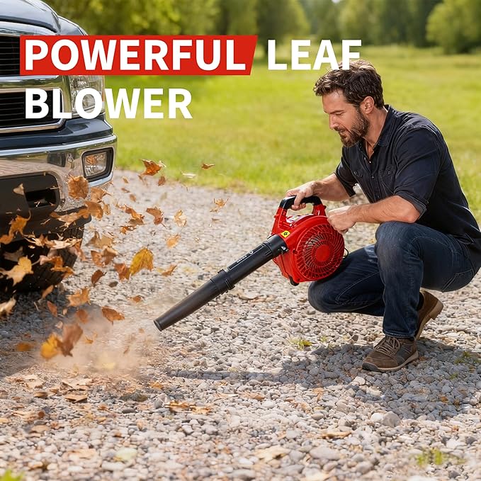 28 CC Gas Leaf Blower, 490 CFM 280 MPH, 1.1-HP 2-Stroke, Handheld Gas Powered Leaf Blower, Lightweight, Powerful Clearing Performance for Lawn Care, Driveway Cleaning and Light Snow Removal