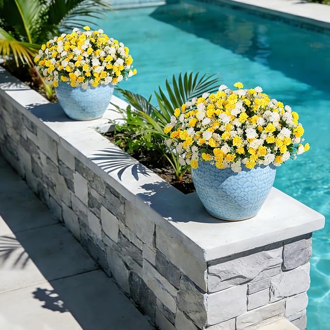Ammyoo Artificial Flowers for Outdoors Decoration, 6 Bundles Silk Marigold Flower UV Resistant Look Real Faux Plants for Garden Porch Planter Patio Balcony Yard Home Decor (Yellow White)