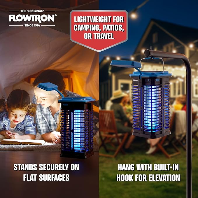 Flowtron Solar Bug Zapper | Portable Electric Insect Killer with UV Light & LED Lamp | USB-C and Solar Charging for 4000 mAh Battery | 530 Sq Ft Coverage from Gnats, Flies for Patio, Yard, Camping
