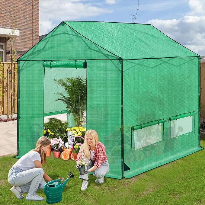 10x10 Pop Up Walk-in Greenhouse, Indoor & Outdoor PE Cover Green House with Power Access Ports, Support Pole, Roll-up Zippered Doors and Windows, Green