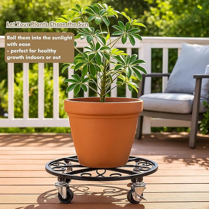 4 Pack Plant Caddy with Wheels 16 Inch Rolling Plant Stand for Large Plants Heavy Duty Plant Rollers Metal Plant Dolly Rustproof Planter Stand Wrought Iron Plant Stands Flower Cart Indoor Outdoor
