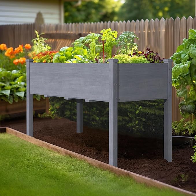 BlueWish 47" W x 23" D x 30" H Cedar Raised Garden Bed, Elevated Garden Bed with Detachable Black Liner, 3 Drainage Holes, Planter Box for Outdoor, Patio, Garden, Backyard, Gray