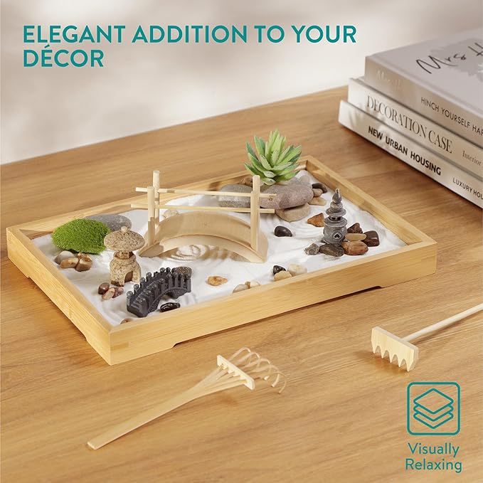 Navaris Zen Garden Kit - Mini Japanese Sand Garden - Miniature Meditation Stone Ornaments - Buddhist Gifts Complete Set - Rectangular Bamboo Tray, White Sand