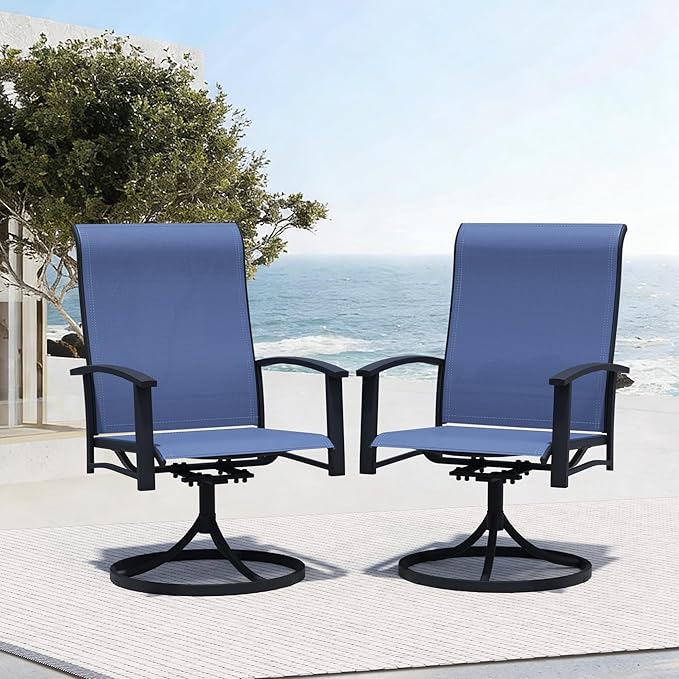 Outdoor Swivel Dining Chair Set of 2, All Weather Patio Dining Chair with Textilene High Back and Metal Frame for Backyard, Lawn Garde and Deck, Blue