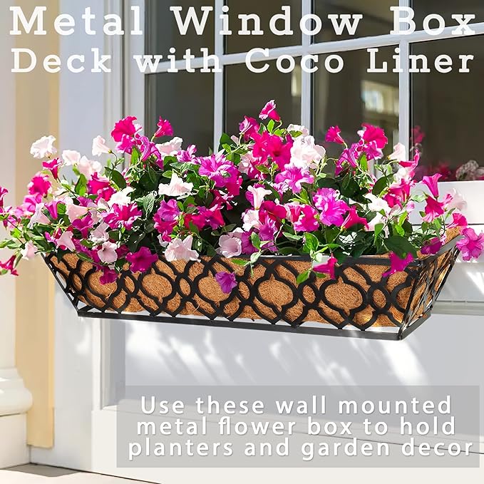 Y&M 24" Window Boxes Horse Trough with Coconut Coir Liner, 2pcs 24 Inch Window Deck with Coco Liner, Black Metal Hanging Flower Planter Window Basket Deck Railing Planter Boxes for Outdoor Indoor Lawn