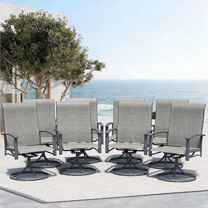 Outdoor Swivel Dining Chair Set of 8, All Weather Patio Dining Chair with Textilene High Back and Metal Frame for Backyard, Lawn Garde and Deck, Grey