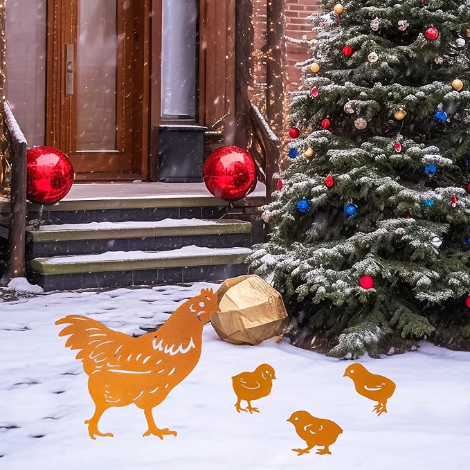 TT & MM Christmas Chicken Gifts for Women/Men,Chicken Metal Decorative 4 Pcs Garden Stakes,Hen/Chicks Silhouette Statues for Yard Art,Backyard,Patio,Lawn Ornaments,Outdoor Decor